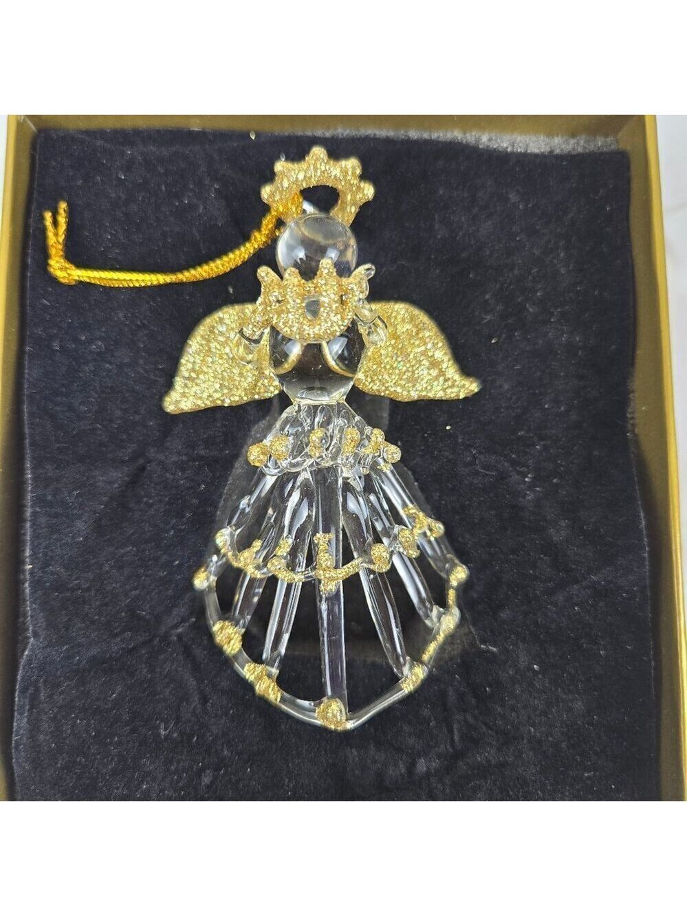 Vintage Spun Glass Angel Ornament Gold Glitter Accents Hanger In Original Box